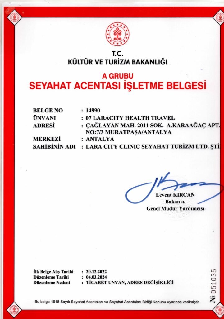 T.C. Kültür ve Turizm Bakanlığı A Grubu Seyahat Acentası İşletme Belgesi - 07 Laracity Health Travel